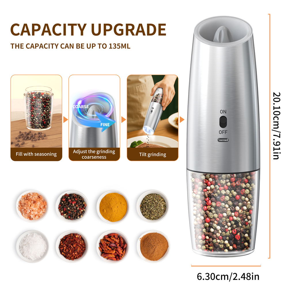 Popcorn Seasoning Salt Butter - 1 ピース/2 ピース重力感知電気塩とコショウグラインダーセット調節可能なスパイスミルキッチン用自動コードレスガジェット