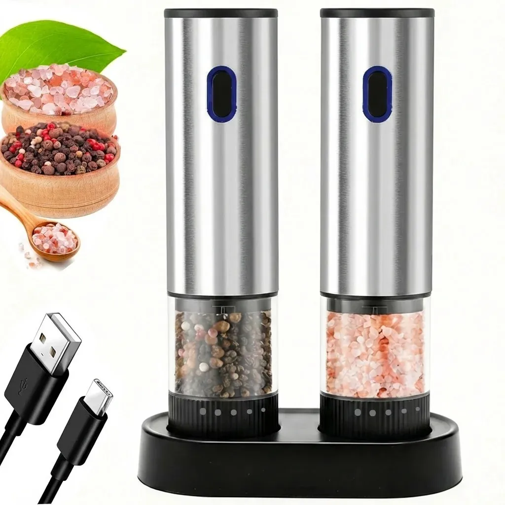 Popcorn Seasoning Salt Butter - 電動ミル（塩・胡椒用）1個/2個セット。自動充電式で、粗さを外部から調整可能。キッチン用。