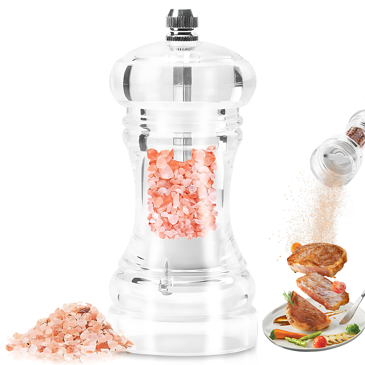 Popcorn Seasoning Salt Butter - ペッパーグラインダー- 4/5/6インチのアクリル製塩コショウ入れ、セラミックローターによる粗さ調整機能付きキッチンアクセサリー