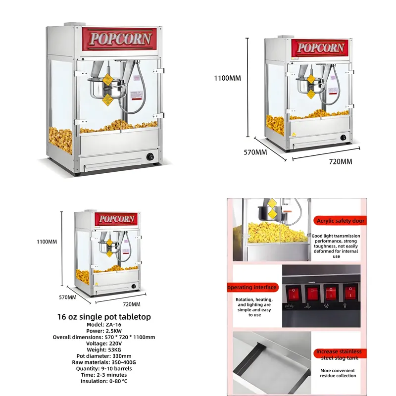 Commercial Popcorn Maker 16Oz - 大型自動ポップコーン製造機。16オンスのステンレス製で、電気式。映画館で使用できるサイズ。家庭用シアターにも最適で、お手入れも簡単。