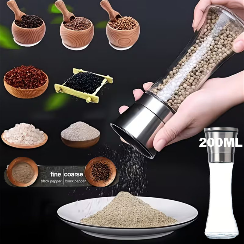 Popcorn Seasoning Salt Butter - 200MLペッパーグラインダー ステンレス製ガラス製スパイスボトル 手動ペッパー＆ソルトグラインダー 粗さ調整可能 キッチン用