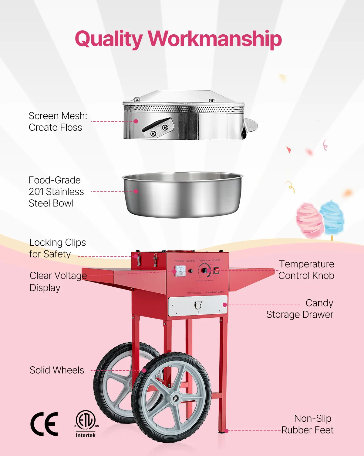 Commercial Cotton Candy Cart - 誕生日や家族向けの電動綿菓子製造機、カート付き業務用綿菓子メーカー、20.5インチステンレス製ボウル付き