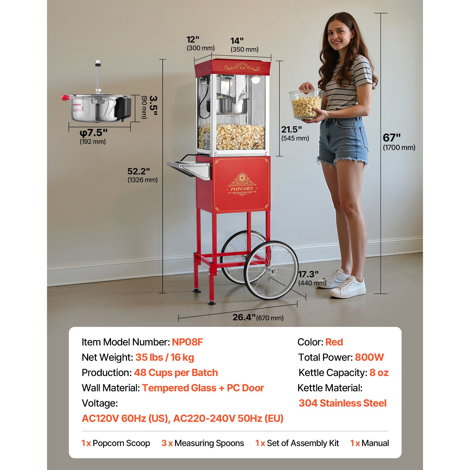 カート付きポップコーンマシン、8オンスステンレススチール製ケ - Commercial Popcorn Machine 8Oz Kettle のレビューと価格