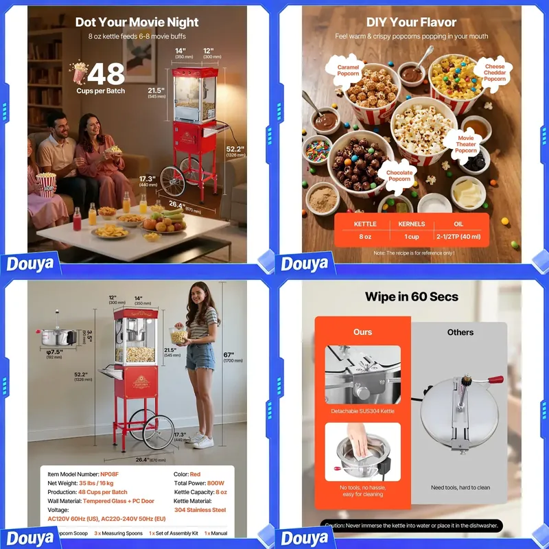 カート付きポップコーンマシン、8オンスステンレススチールケト - Commercial Popcorn Machine 8Oz Kettle のレビューと価格
