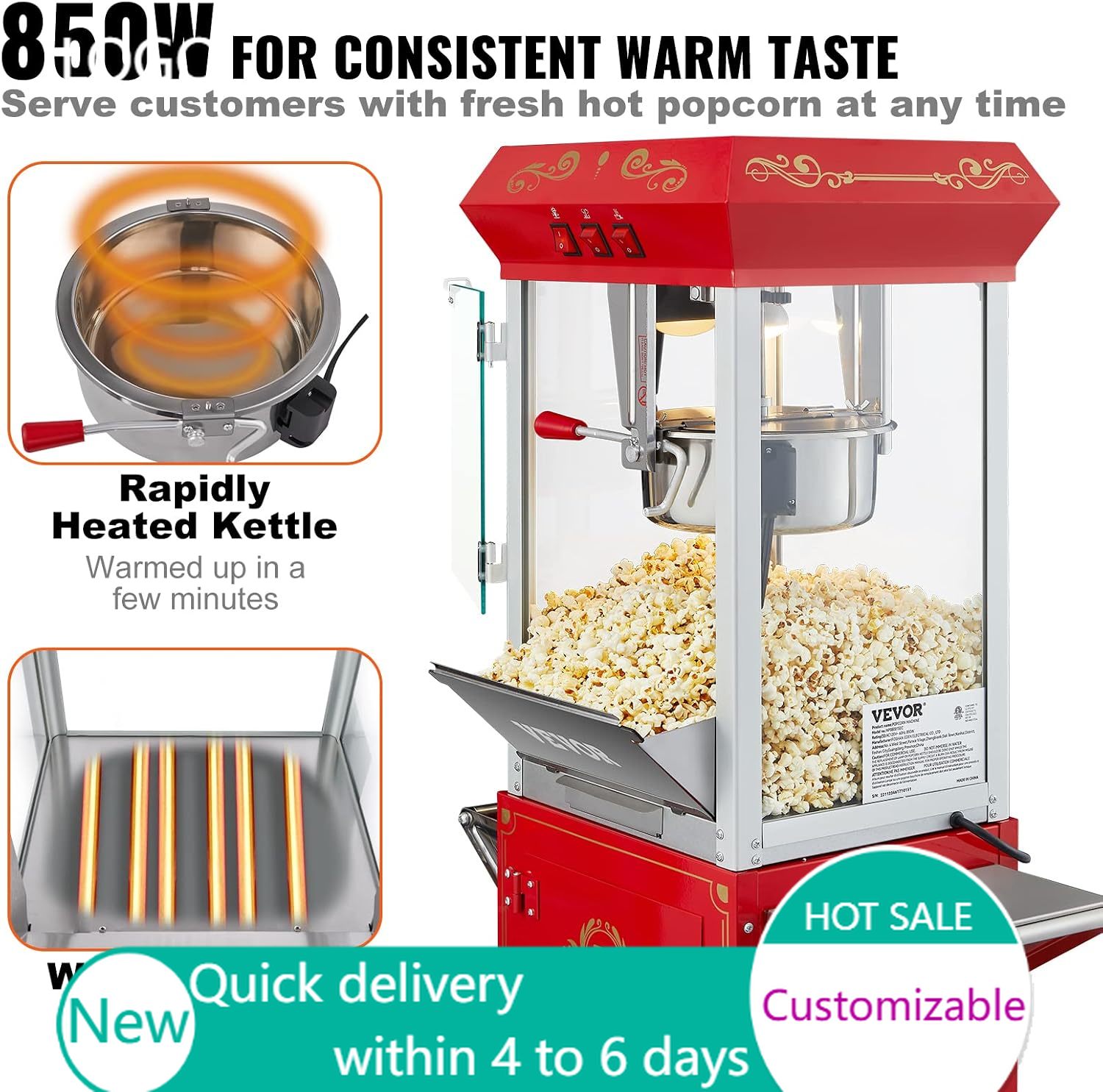 業務用ポップコーンマシン、8オンスケトル、850W、車輪付き - Commercial Popcorn Machine 8Oz Kettle のレビューと価格