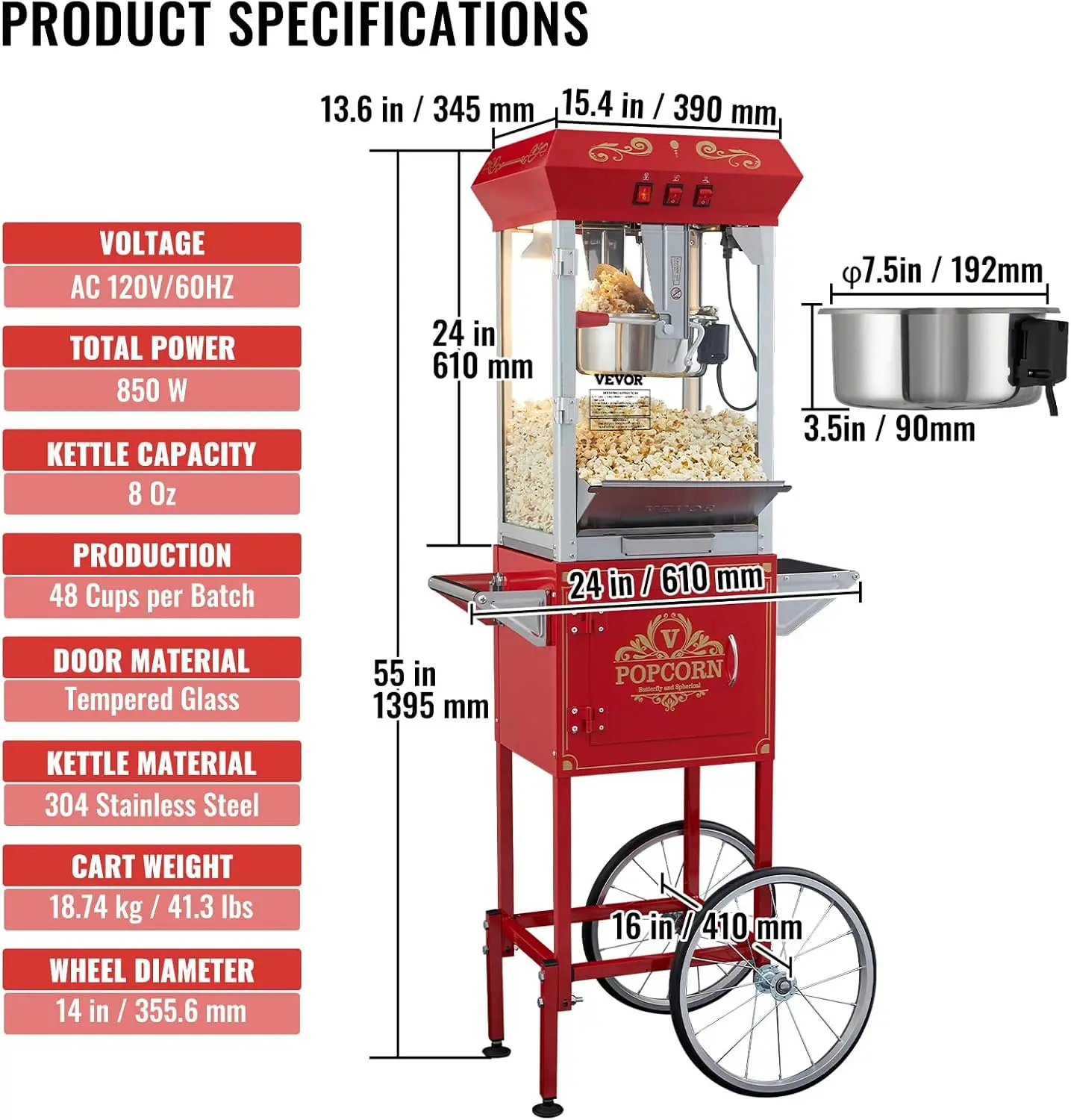 業務用ポップコーンマシン、8オンスケトル、850W、車輪付き - Commercial Popcorn Machine 8Oz Kettle のレビューと価格